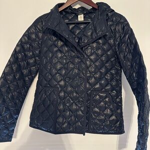J. Crew Black Puffer Jacket with Quilted Design and Stand-Up Collar